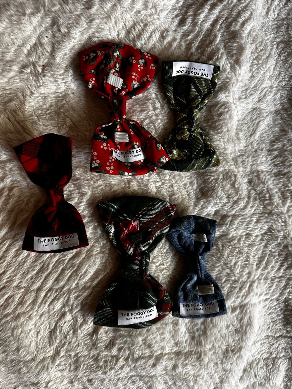 The Foggy Dog Holiday Plaid & Denim Bow Set in Red, Green, Blue - Picture 2 of 7